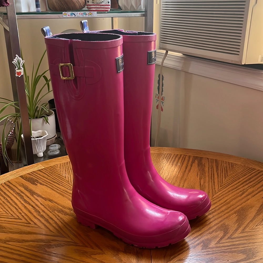 Joules Tall Pink Rain Boots Bright Pink & Navy Blue Women’s Size 10 VGUC